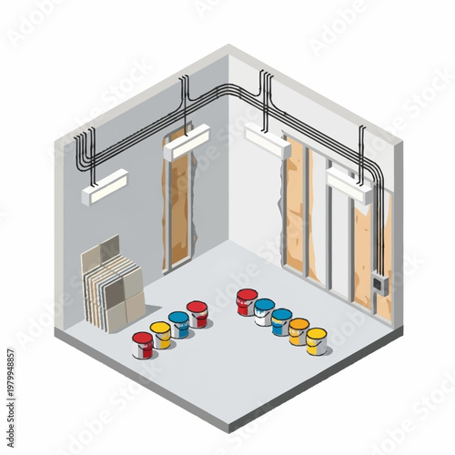 Isometric illustration of a room with electrical wiring and paint cans.