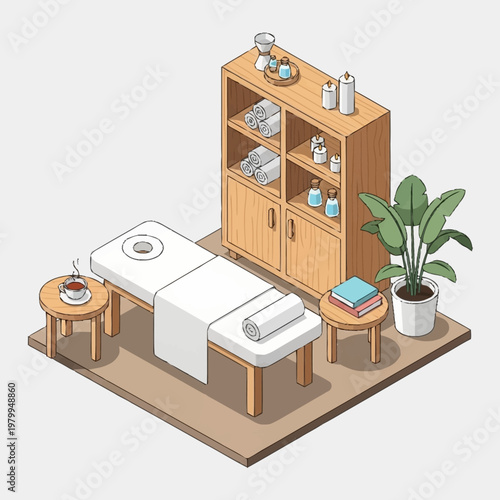 Isometric illustration of a serene spa room with massage table and cabinet.