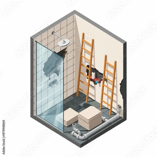 Isometric view of a bathroom under construction with plumbing and ladders.
