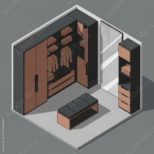 Isometric view of a modern walk-in closet with wooden and dark gray furniture.
