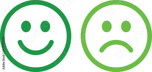 Green happy and sad faces showing contrasting emotions for feedback rating systems and user experience surveys