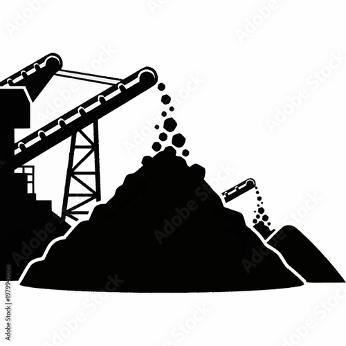 Mining operation with conveyor belts and piles of raw materials.