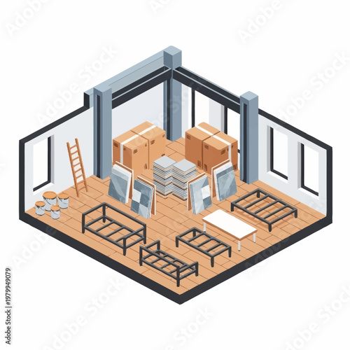 Moving House Interior With Furniture Boxes and Ladder.