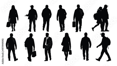 A collection of black silhouettes depicts diverse people in various casual poses some walking and carrying belongings high quality professional detailed