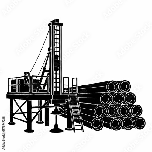 Oil drilling rig and stacked pipes black and white illustration.