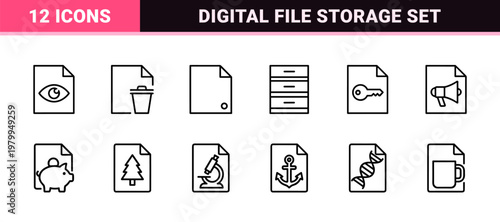 Document management and office paperwork line icons.