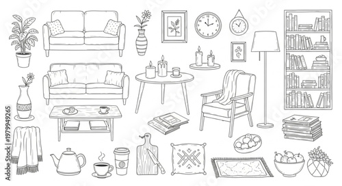 Hand Drawn Sketch of Cozy Living Room Furniture and Decor Elements.