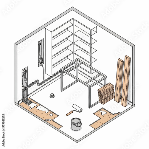 Renovation of a room with construction materials and tools.