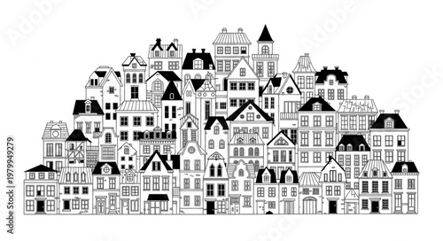 Hand Drawn Sketch of a Dense Cityscape with Various Buildings.