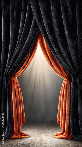 Vertical theatrical scene curtain call moment with orange and black velvet drapes opening on wooden stage creating anticipation mystery atmosphere