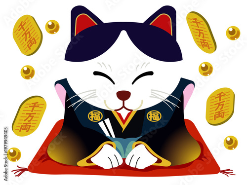 商売繁盛！お辞儀する「福助猫」と千両小判の縁起物イラスト