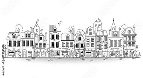 Hand Drawn Sketch of European City Street Facade.
