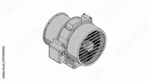 Industrial Axial Inline Duct Fan Illustration - 3D Isometric Mechanical Ventilation System Component for HVAC and Engineering Projects