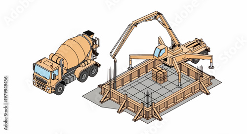 Isometric Illustration of Concrete Mixer and Pump Truck Pouring a Building Foundation