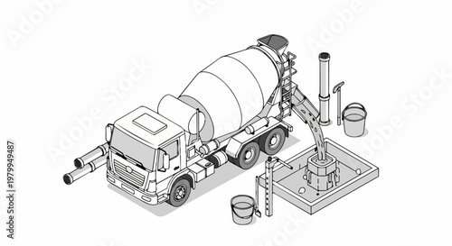 Isometric Concrete Mixer Truck Pouring Cement at a Construction Site - Technical Line Art Illustration