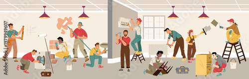 Renovation workers repair home interior, team