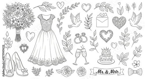 Hand Drawn Wedding Elements Collection Vector Illustration.