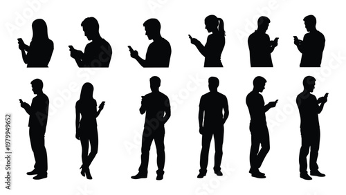 A collection of black silhouettes depicts twelve individuals engrossed with their mobile phones showcasing modern digital lifestyles high quality professional detailed