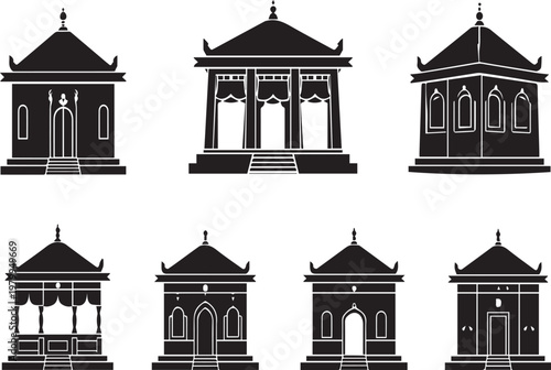 Collection of black silhouettes of Asian-style buildings on transparent background vector illustrations