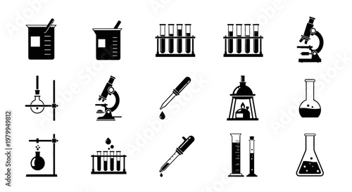 Black and white laboratory equipment icons set including microscopes test tubes beakers and pipettes on clean background for science and research themes