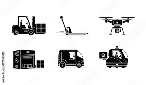 Logistics automation icon collection with forklift pallet jack robot drone and autonomous delivery systems isolated vector