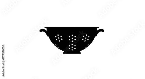 Black colander with holes and handles on white background for kitchen use and food preparation