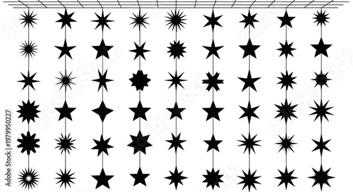 Black star shaped decorations hanging from a grid ceiling on white background festive party lights
