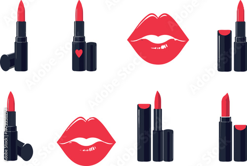 Vector icons of red lipsticks and lips on transparent background for beauty and makeup concepts