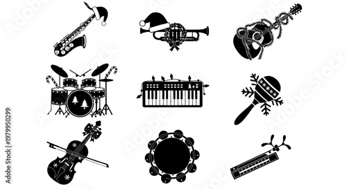 Various musical instruments icons set including guitar saxophone trumpet drum piano microphone violin and tambourine on white background