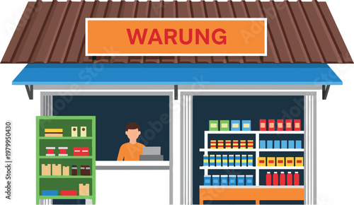 Small Warung Shop with Shelves of Goods and Cashier Counter for Retail, Food, and Local Business Illustrations