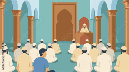 Muslim men attending a religious sermon or prayer in a mosque