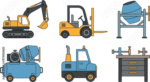 Heavy Construction Machinery and Industrial Equipment Vector Illustration Set