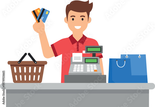 Cashier at Checkout Counter Holding Credit Cards with Shopping Basket and Bags for Retail, E-commerce, and Customer Service Graphics