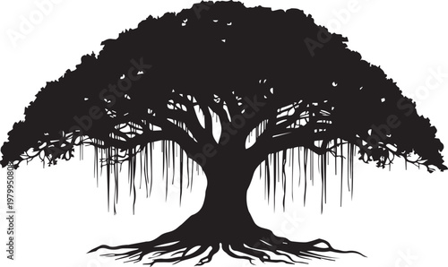 Black solid silhouette illustration of a large banyan tree on transparent background with thick textured roots and hanging aerial roots