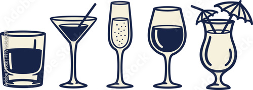 Variety of cocktails and alcoholic beverages in illustrated style