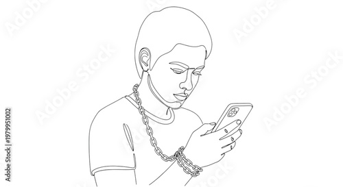 High Quality Black Continuous Line Social Media Addiction – Minimal Smartphone Dependency Illustration