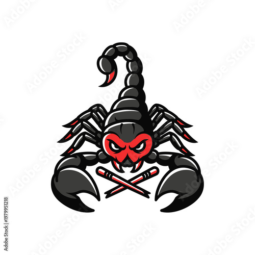 Aggressive Scorpion Mascot with Red Mask and Crossed Sticks.