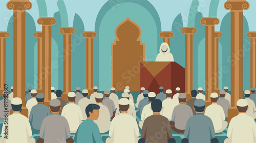 Muslim men attending religious sermon in a mosque, worship and community