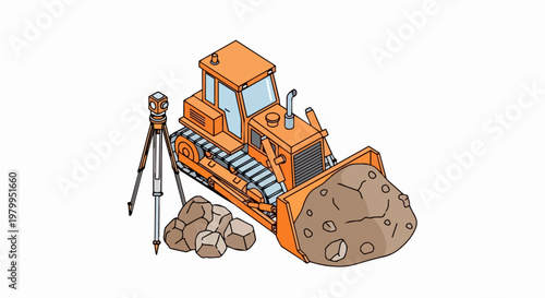 Isometric Illustration of Orange Bulldozer Heavy Machinery and Land Surveyor Equipment on White Background
