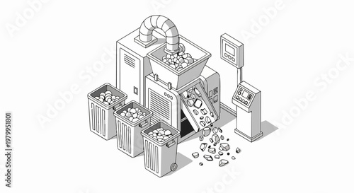 Isometric Line Art Illustration of an Industrial Waste Recycling Machine and Processing Factory Equipment