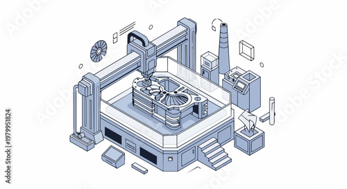 Isometric Industrial 3D Printer Illustration for Additive Manufacturing, Smart Factory Automation, and Engineering Prototype Process