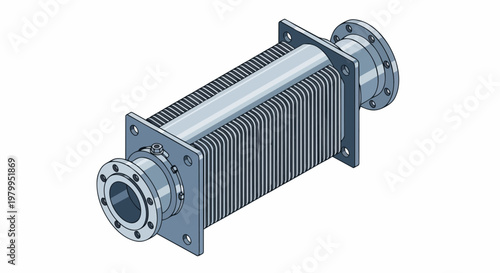 3D Isometric Industrial Metal Expansion Joint Bellows with Flanges for Piping Systems, Technical Illustration on White Background