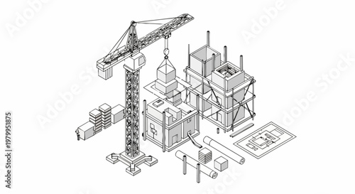 Isometric Construction Site Illustration with Tower Crane and Building Development - Minimalist Architecture Line Art Vector
