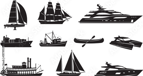 Ship and Boat Silhouette Icon Set Featuring Sailboat Yacht Cargo Ship Fishing Trawler Canoe Steamboat and Modern Motorboat for Maritime and Nautical Design
