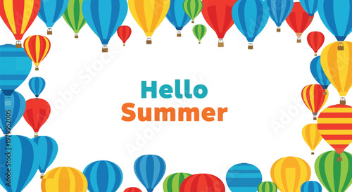 Hello Summer Hot Air Balloon Frame Vector Illustration with Colorful Balloons
