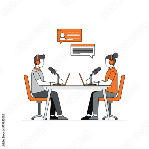 Two individuals engaged in a virtual podcast recording session with headsets and microphones