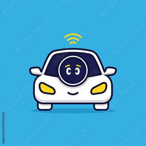 Autonomous vehicle with a cute face and Wi-Fi signal.