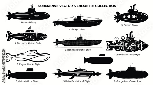 Submarine Vector Silhouette Collection Featuring Modern Military Vintage U-Boat Steampunk Fantasy Geometric Abstract And Retro Futurist Sci-Fi Style Underwater Vessels