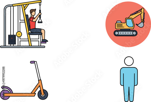Activity and equipment icon set featuring gym machine workout, construction excavator, electric scooter and human figure symbol vector illustration