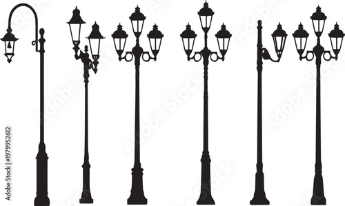 Victorian street lamp post silhouettes on transparent background vector icon set